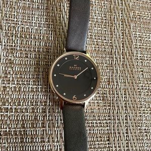 Skagen rose gold and gray leather crystal watch.